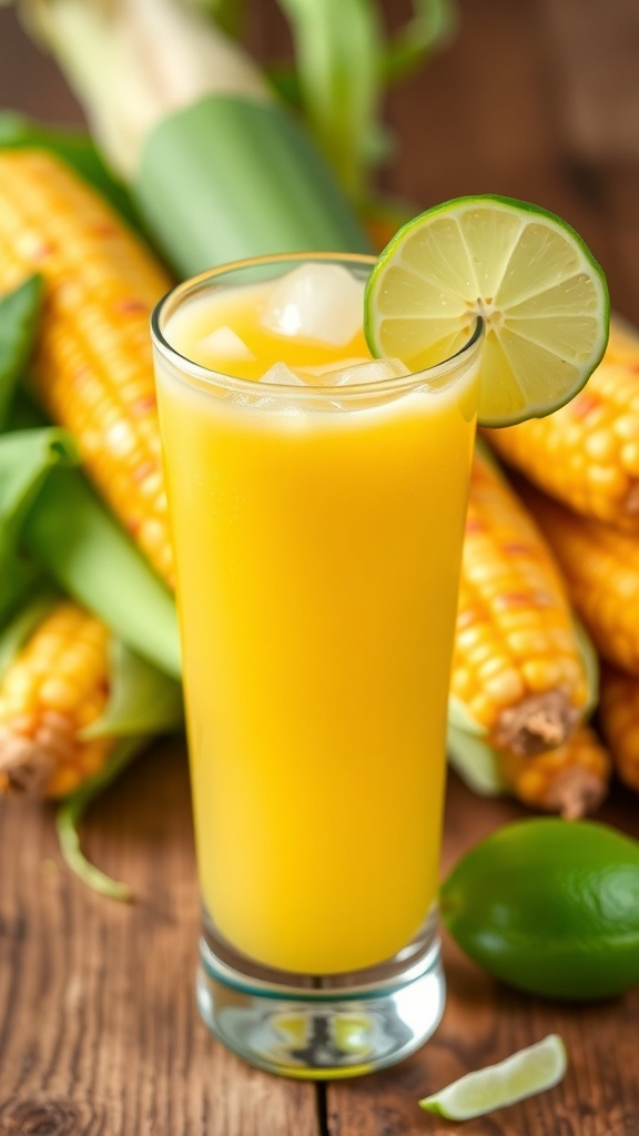 A glass of corn juice with ice and lime, surrounded by fresh corn cobs on a wooden table.